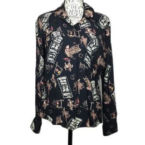 Black button down classic western Wild West pattern shirt rodeo Jesse James sz L
